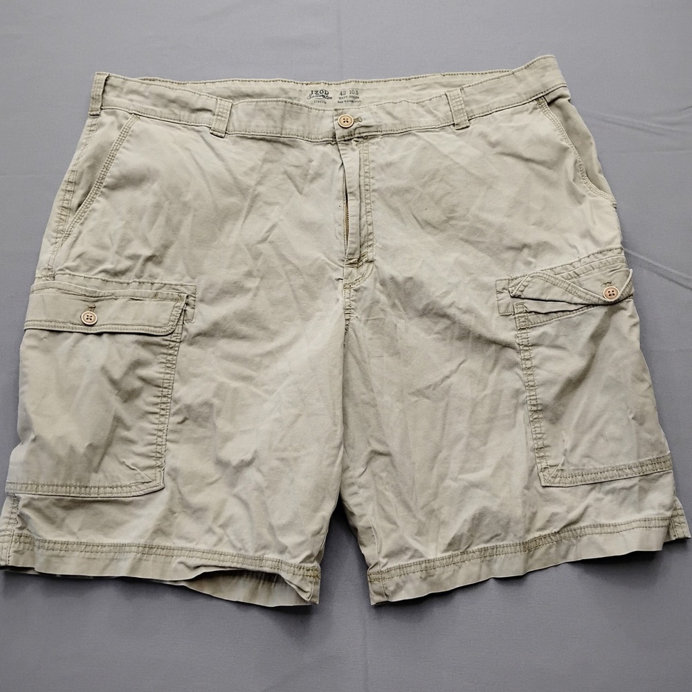 IZOD Saltwater Stretch Mens Cargo Shorts Khaki Tan Size 42 Casual Cotton Blend‎
